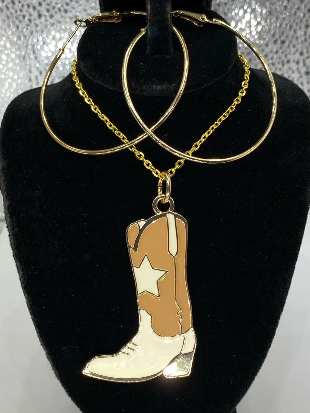 *** Southwestern ^^^ Cowboy Boot Pendant Necklace /  Hoop Earrings *